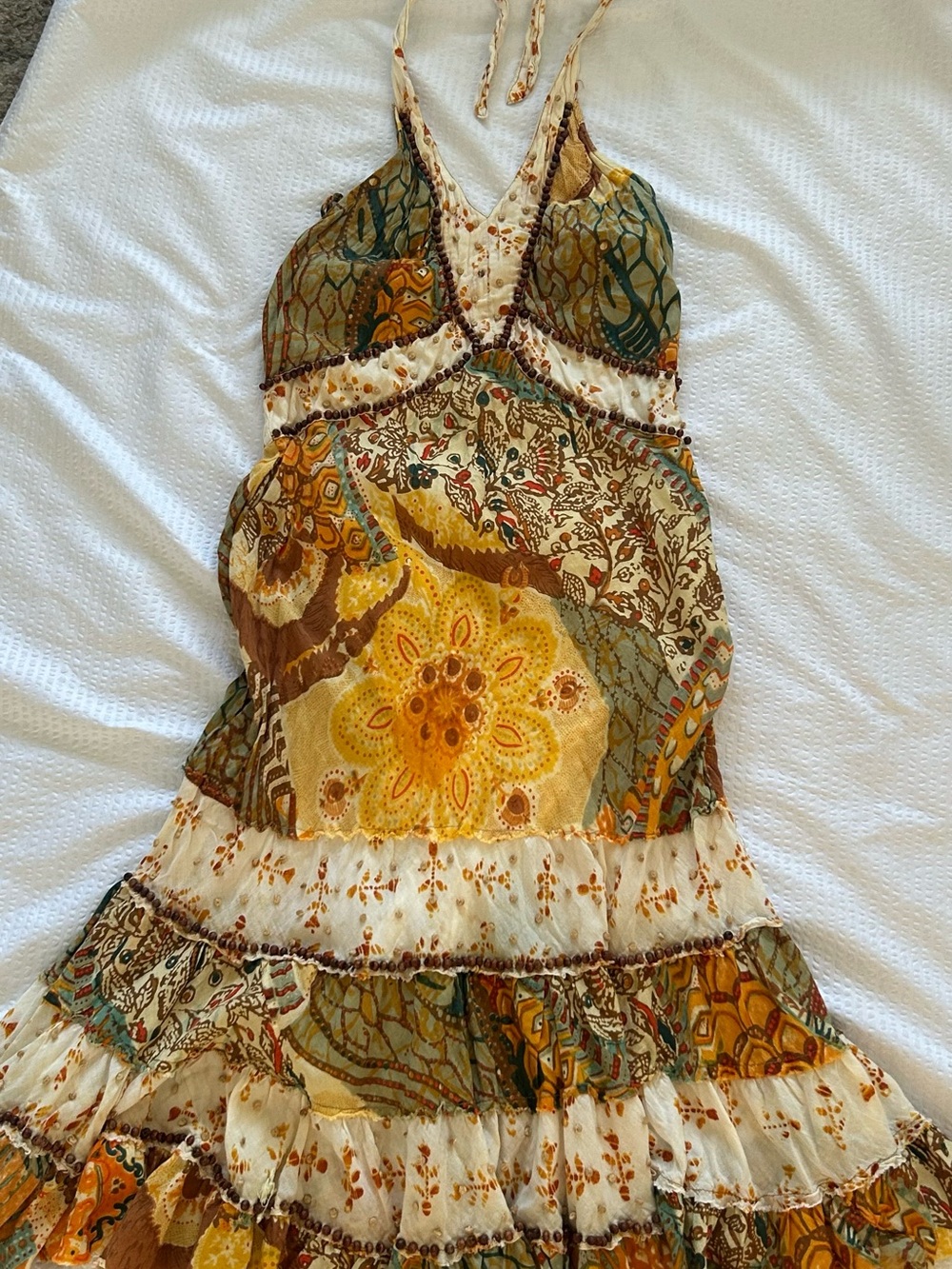 Alberto Makali Vintage Yellow, Green & Brown Patchwork Halter Midi Dress Size 10